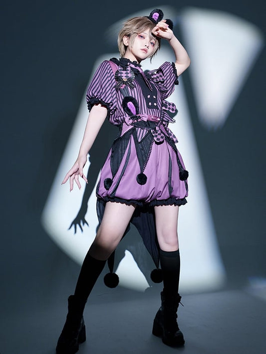 + Bloomers Vibes Theme Kuromi Bunny Purple Circus Lolita Ouji Black Set Pattern and Top Striped
