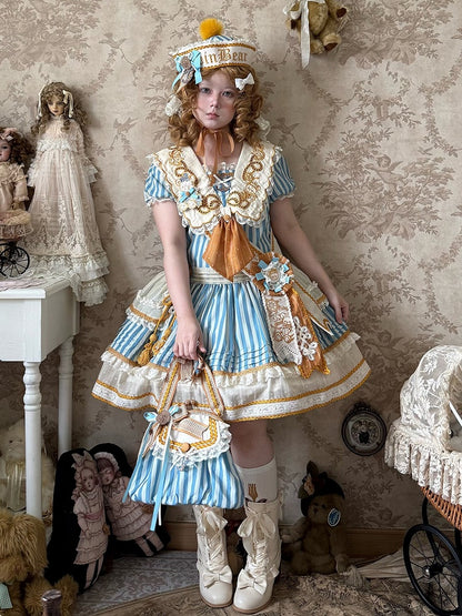 Striped Low Waist Sailor Lolita Dress with Embroidered Collar - Twin Bear Original Design