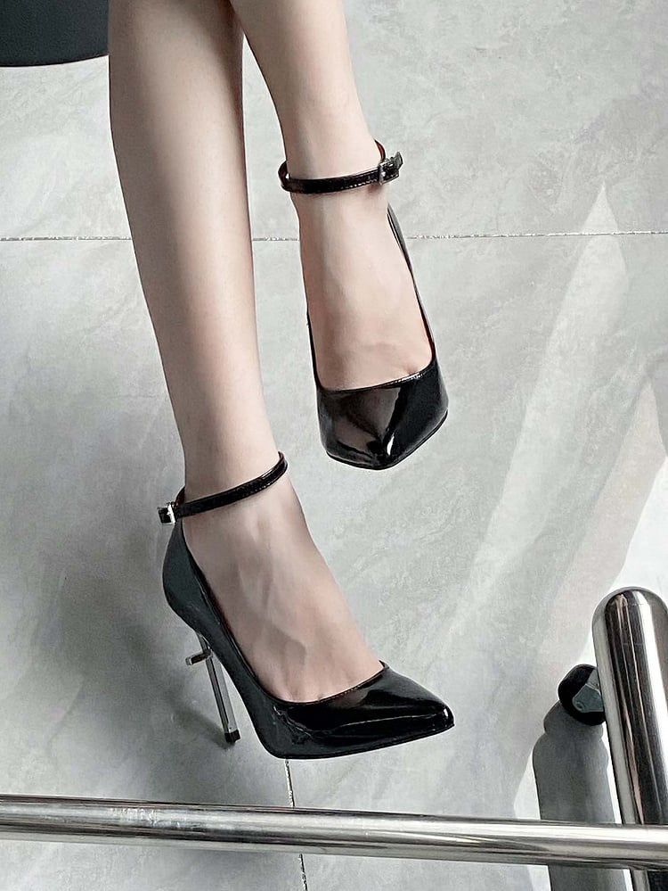 Design Heel Cross High Pointed Heels Toe Clearance-Size Gothic Black 40