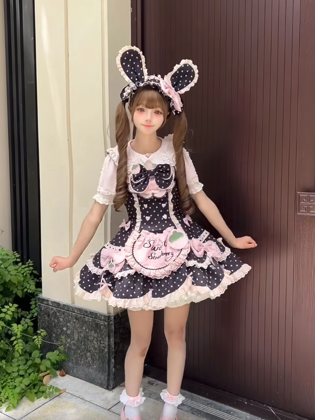 Dot Themed Adorable and Pink Hairband Polka Bonnet JSK Details Set Bow Dress Strawberry + Full Bunny Lace Ear Choker Lolita Black with