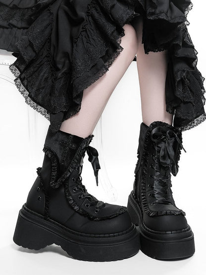 Ruffle Chunky Black Gothic Accents Dual Platform Closure Boots with