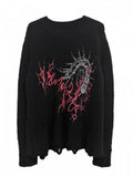 Oversized Black Long Sleeve Sweater with Distressed Holes and Centipede Print - Alita26SS