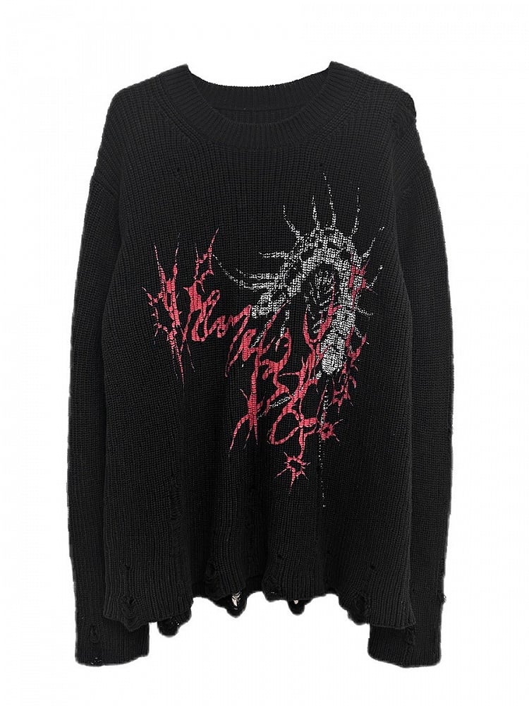 Oversized Black Long Sleeve Sweater with Distressed Holes and Centipede Print - Alita26SS