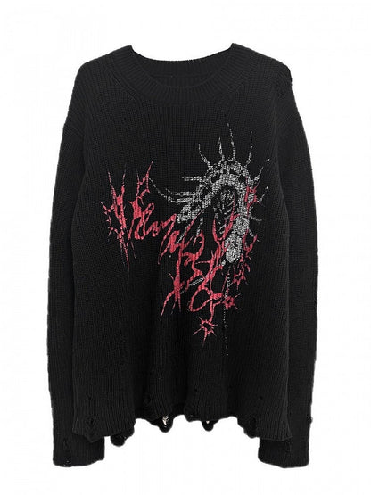 Oversized Black Long Sleeve Sweater with Distressed Holes and Centipede Print - Alita26SS