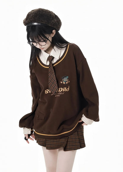 コーヒー＆ホワイトのストライプシャツカラーのフェイクツーピーススウェットシャツ（ネクタイ付き）