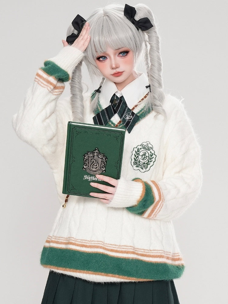 レッド/ブルー/ホワイト Vネック プレッピースタイル ルーズセーター