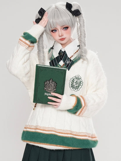 レッド/ブルー/ホワイト Vネック プレッピースタイル ルーズセーター