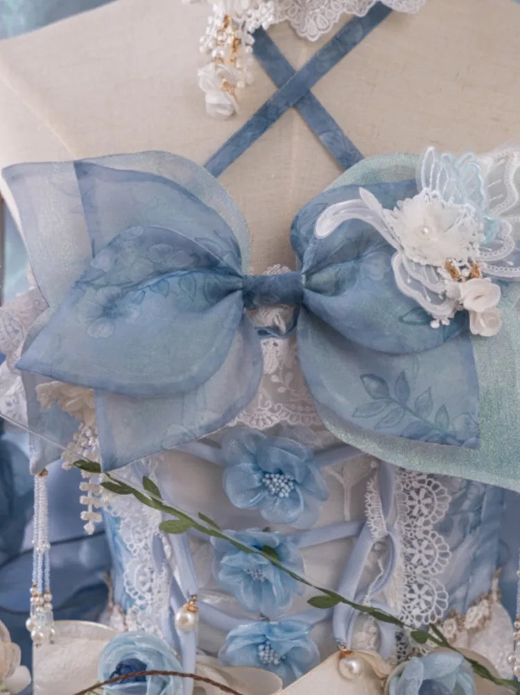 Volles Prinzessinnen-Blumen-Schmetterlings-Set-Design, blaues JSK Fairycore-Lolita-Kleid