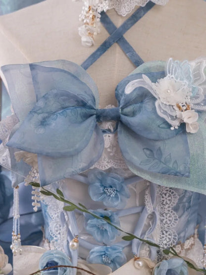 Volles Prinzessinnen-Blumen-Schmetterlings-Set-Design, blaues JSK Fairycore-Lolita-Kleid