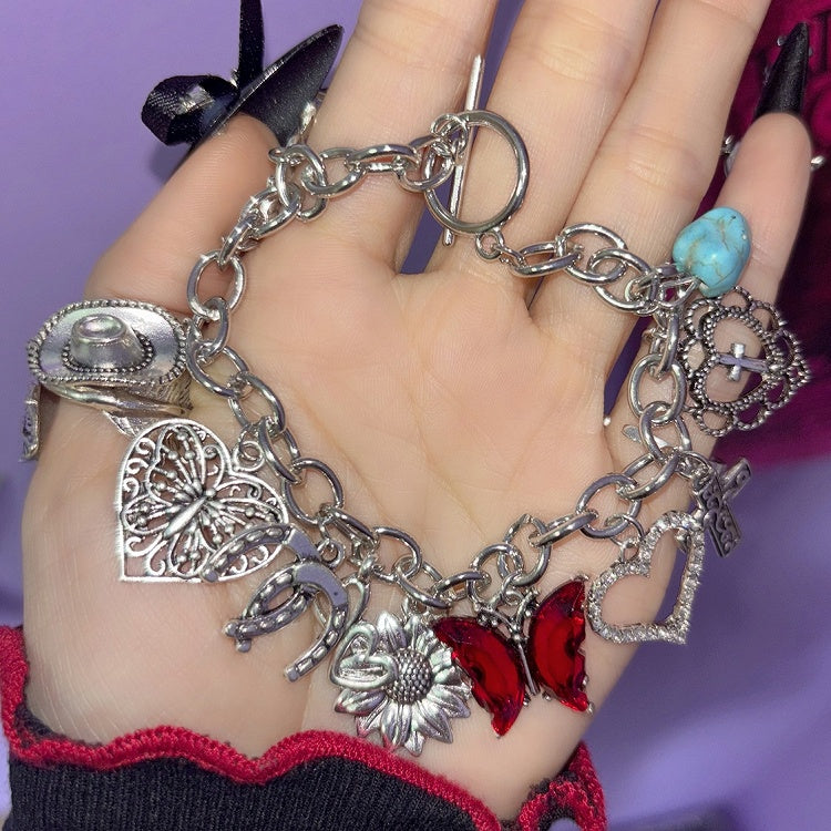 Armband Y2K Silber/Rot und Schmetterling Kreuz Herz Charm