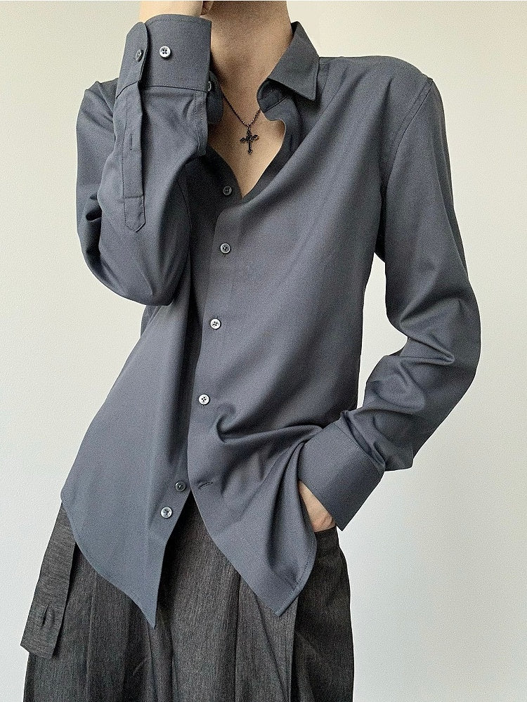 Long Button Cuffs Ouji Shirt Pointed Flat Gray Sleeve Modal Lolita with Dark Collar Unisex
