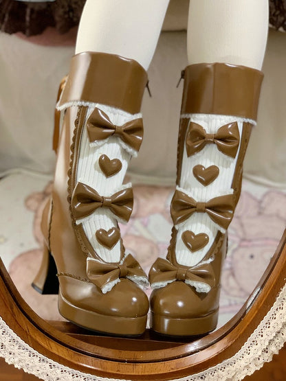 Boots High-heel Cuff Lolita Platform Elegant Fold-over Brown with Back Lacing