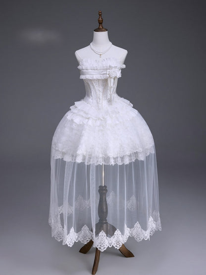 White Lace-Up Lolita JSK with Brooch and Overlays - Airfreeing