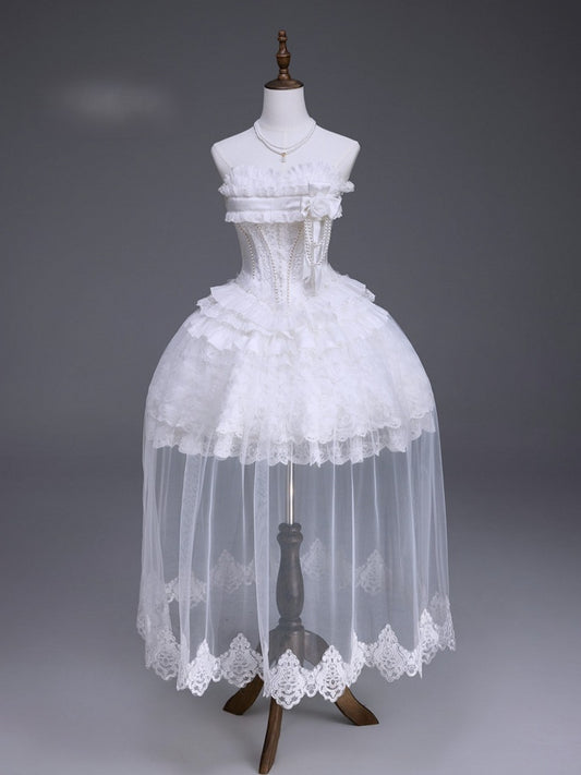 White Lace JSK Dress with Floral Brooch & Overlay