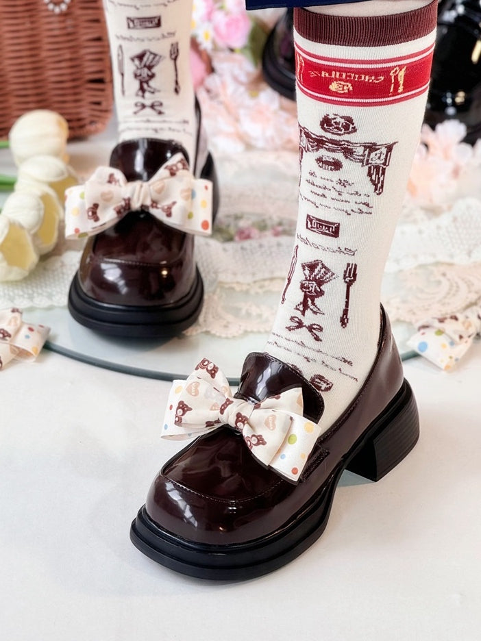 Bow Print School Brown Mid-heel Teddy Removable Bear Slip-Ons - with Preppy