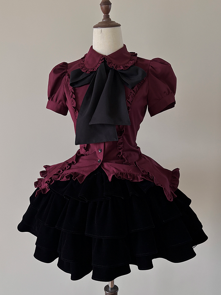 Ruffle Puff Red Blouse Wine Stripe and Neckline Sleeves