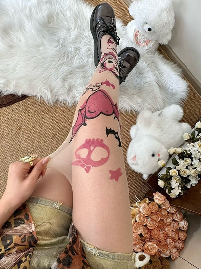 Skeleton Bone Bittersweet Print Tights Y2K And Nude Heart