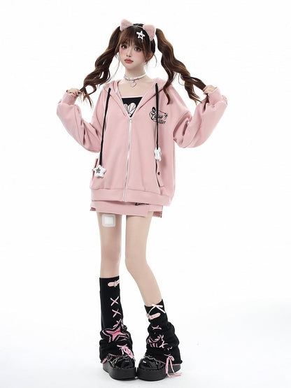 Charm Fleece-lined Pink Star Jacket Chest Embroidered with Design Hooded Drawstrings