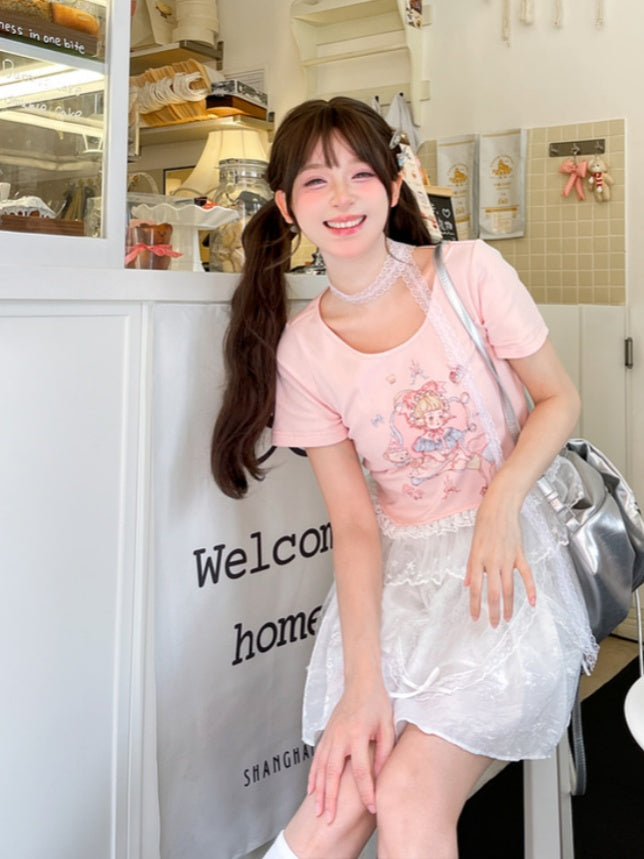 Pink/White Girl Print Lace Trim T-Shirt Cute Round Neck