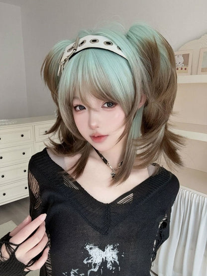 Ombre Green-Brown Short Wig with Twin Tails - Alice Garden