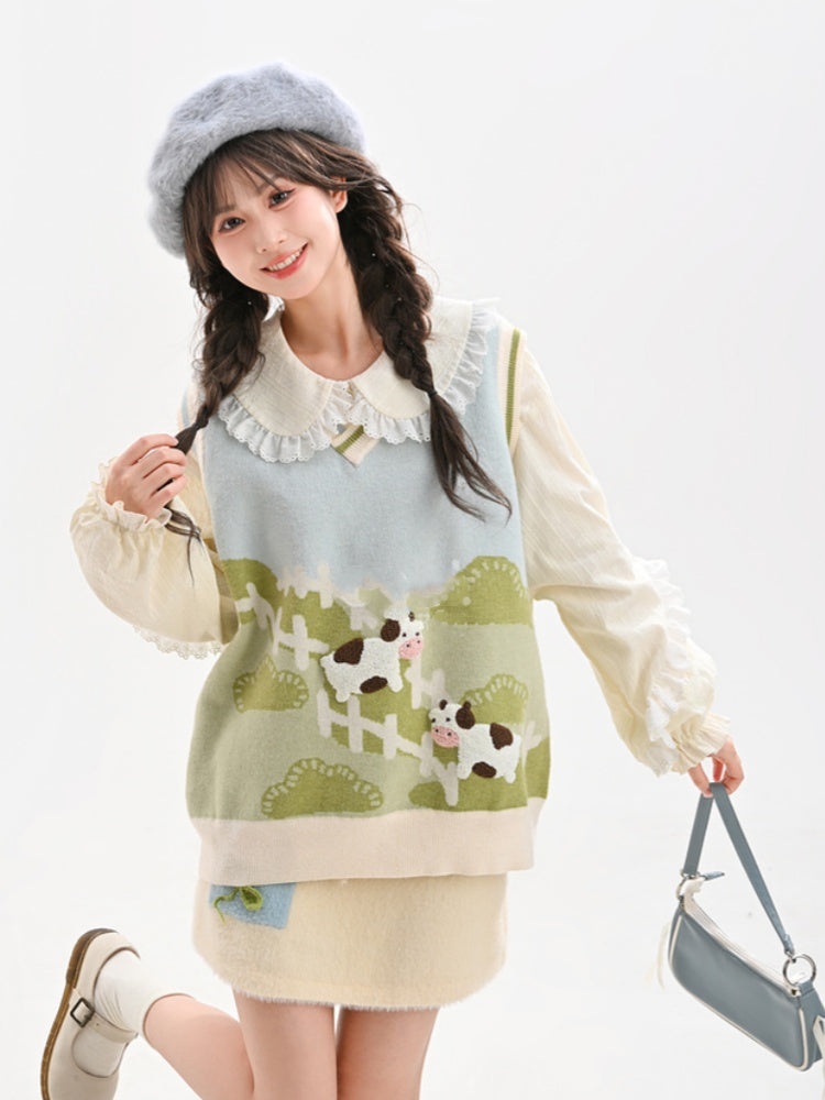 グリーン牧草地牛柄ニットベスト