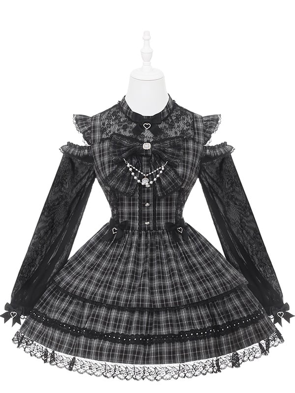 Plaid Cutout Shoulder Jirai Lace Trim Kei Chain with Bead Dress Bow and Black