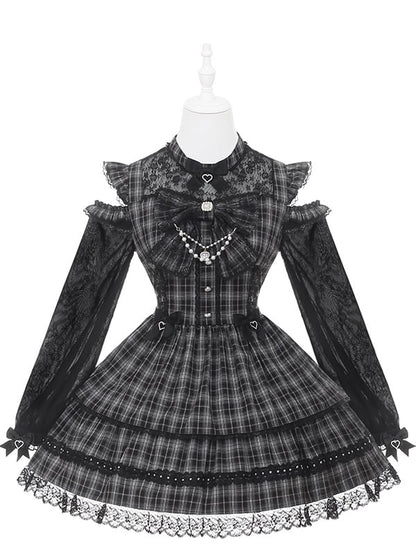 Plaid Cutout Shoulder Jirai Lace Trim Kei Chain with Bead Dress Bow and Black