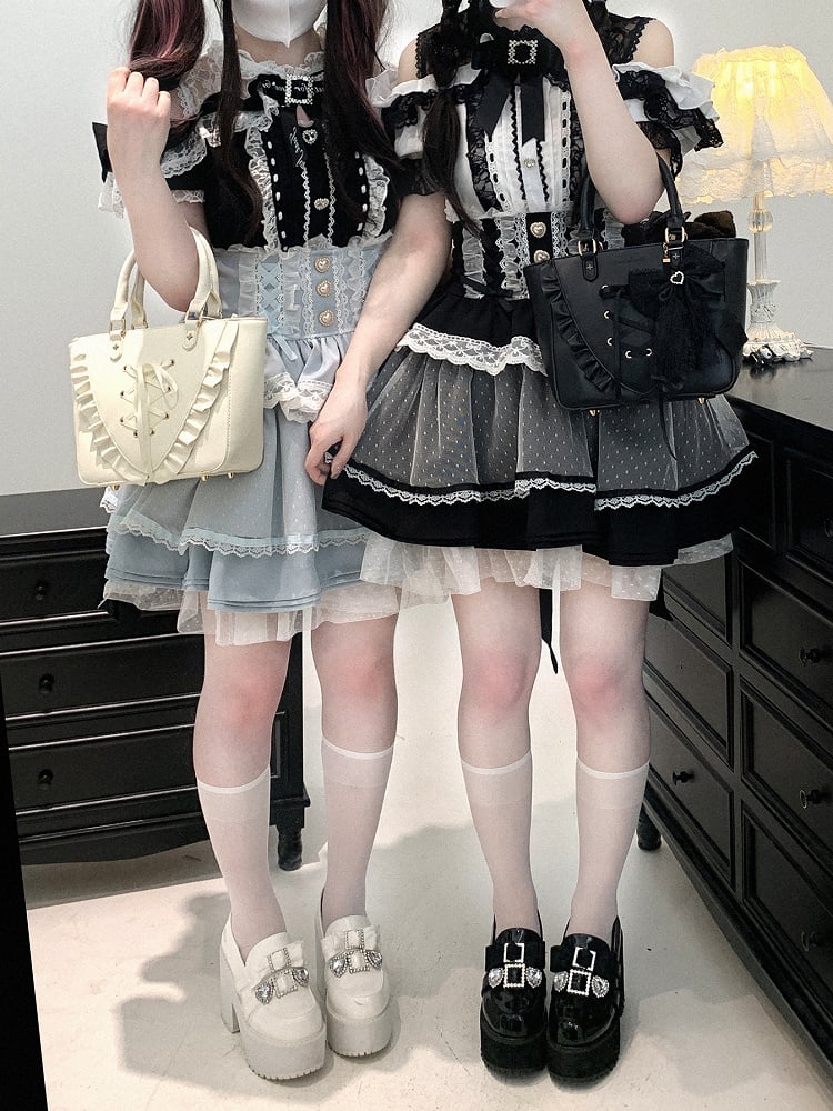 Jirai Kei Black/White/Red/Light Open Shoulder Sweetheart Blue