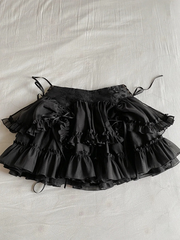 Lolita Drawstring Hem Skirt Gothic Black Kuro Ruffle