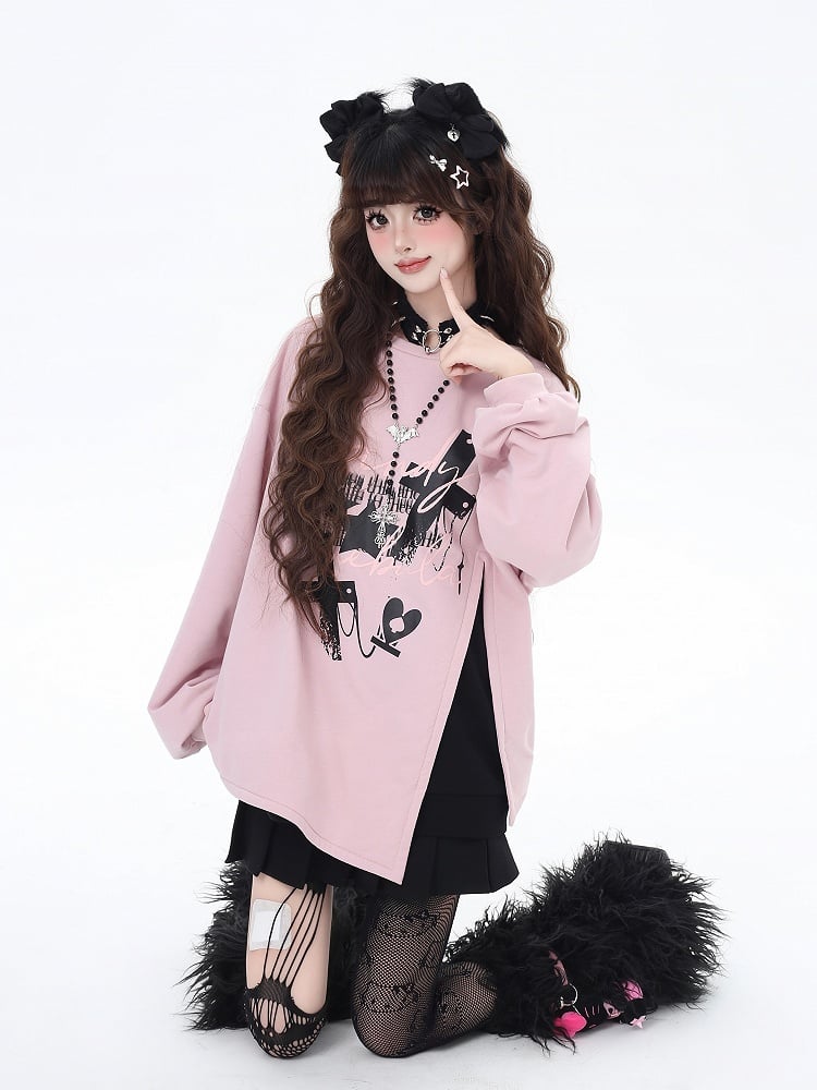 Rosa/schwarzes Sweatshirt mit seitlichem Kreuzschlitz und großer Schleife auf der Rückseite