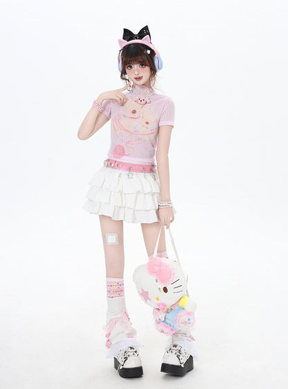 Cropped Beige/Light Pink Yume T-Shirt Adorable Animal Print Semi-sheer Kawaii