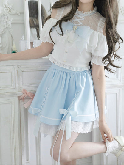 イリュージョンスカートショルダーブルークロスオープンホワイトデザイントップ+ネックラインケイセットジライ