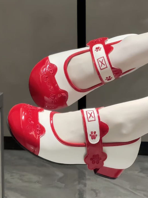 Design Sweet Paw Lolita Stitching Round Toe Shoes Velcro Red Ear with Cat Low-heel