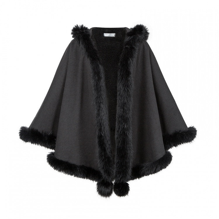 Hooded Winter Cape Coat with Plush Trim in Black - With PUJI