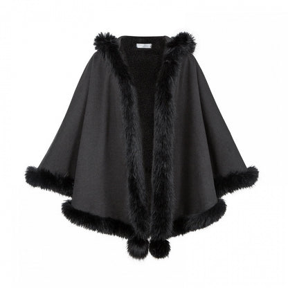 Hooded Winter Cape Coat with Plush Trim in Black - With PUJI