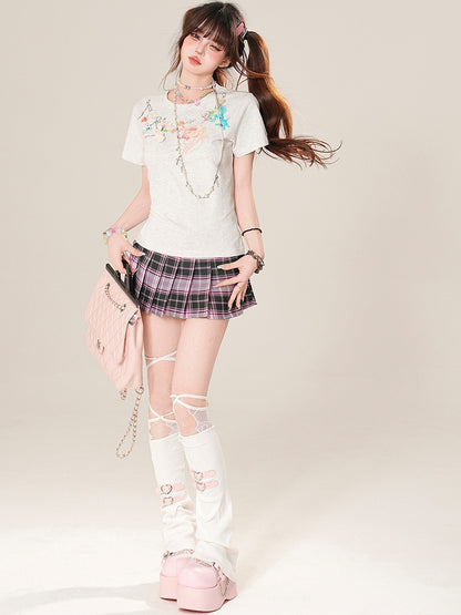 Pattern Plaid Embroidered Pleated Red/Pink Letter Skirt Glamorous