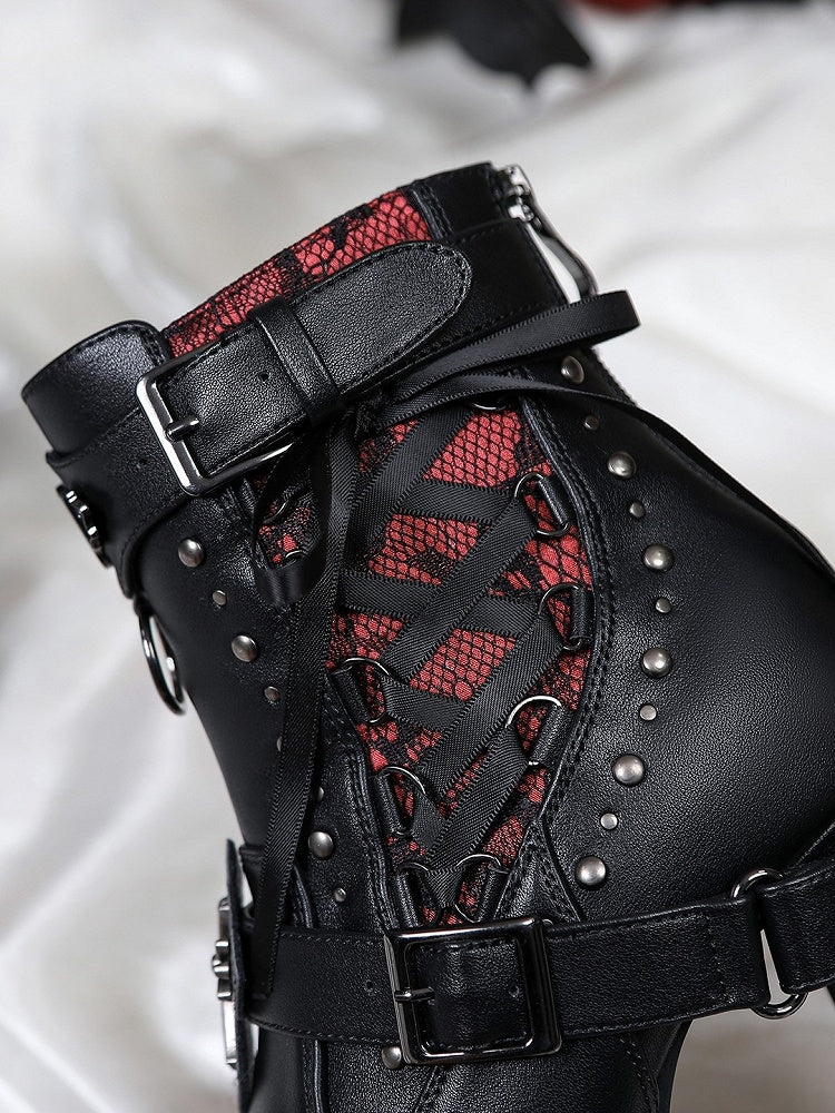 Gothic Lacing Crisscross Studded System PU Dual Black Fastening Boots Details - with High-heel Ankle