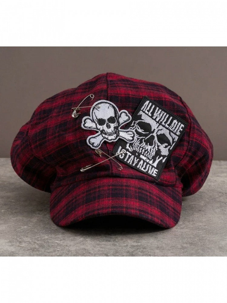Red Plaid Hat with Pin Accent