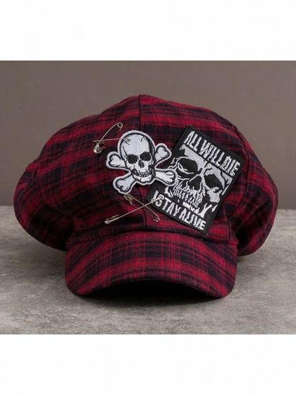 Red Plaid Hat with Pin Accent
