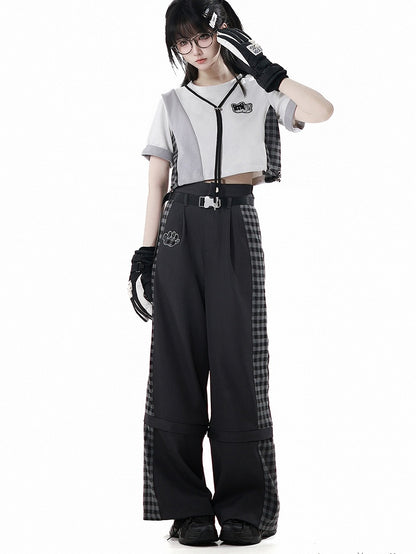 Patchwork Design Plaid Techwear Cropped T-Shirt Gray Colorblock Design