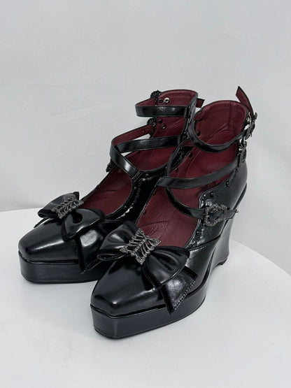 Elegant Gothic Lolita Black Shoes with Butterfly Bow & 10cm Slope Heel - sphenoid