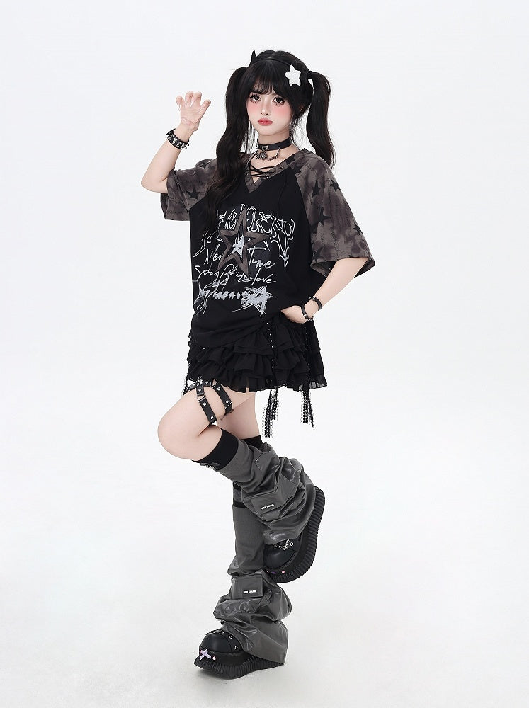 デザイン レースアップ Vネック スター Tシャツ ルーズ ブラック カラーブロック プリント