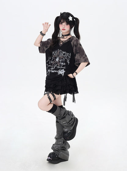 デザイン レースアップ Vネック スター Tシャツ ルーズ ブラック カラーブロック プリント