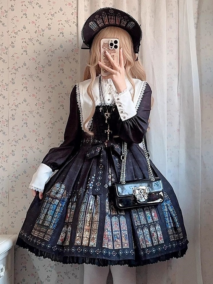 White Dress Window Collar Stained Gothic Sleeves Short Black Version Print Lolita with Long Church Detachable