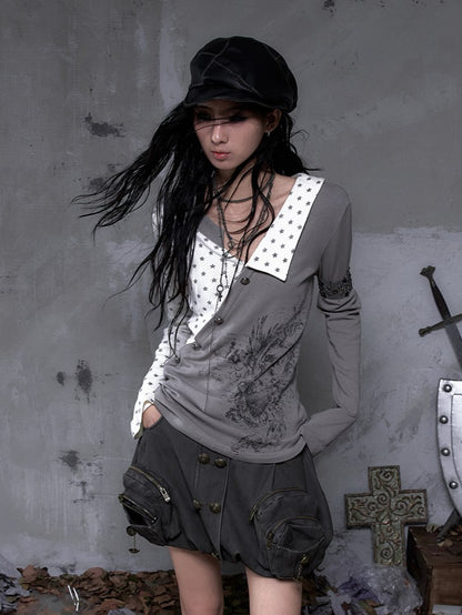 Gray Motif Y2K Gothic Sleeve Vintage Punk Knit Print Heart Top with Star