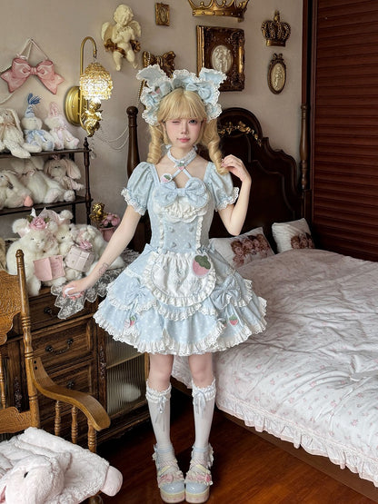 and Lace OP Cute Themed Baby with Polka Dress Blue Strawberry Dot Lolita Details Bow