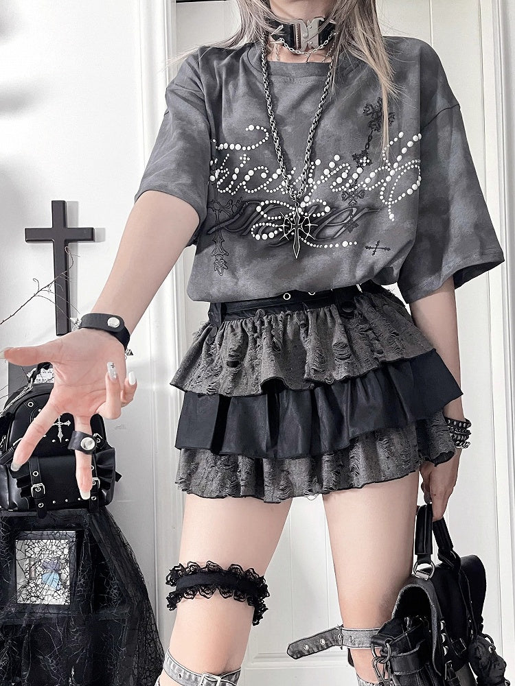 Beaded Punk Cross Short Gray Print with Tie-Dye T-shirt Lettering Sleeve