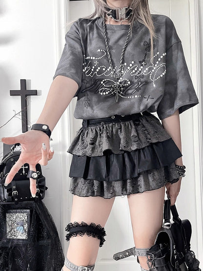 Beaded Punk Cross Short Gray Print with Tie-Dye T-shirt Lettering Sleeve