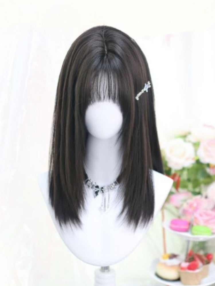 Black Tea Above Bust Length 40-45CM Straight Wig with Air Bangs