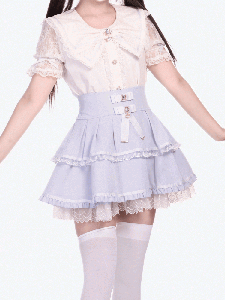 Bows Tiered Skirt High Waist Jirai Light with Kei Blue